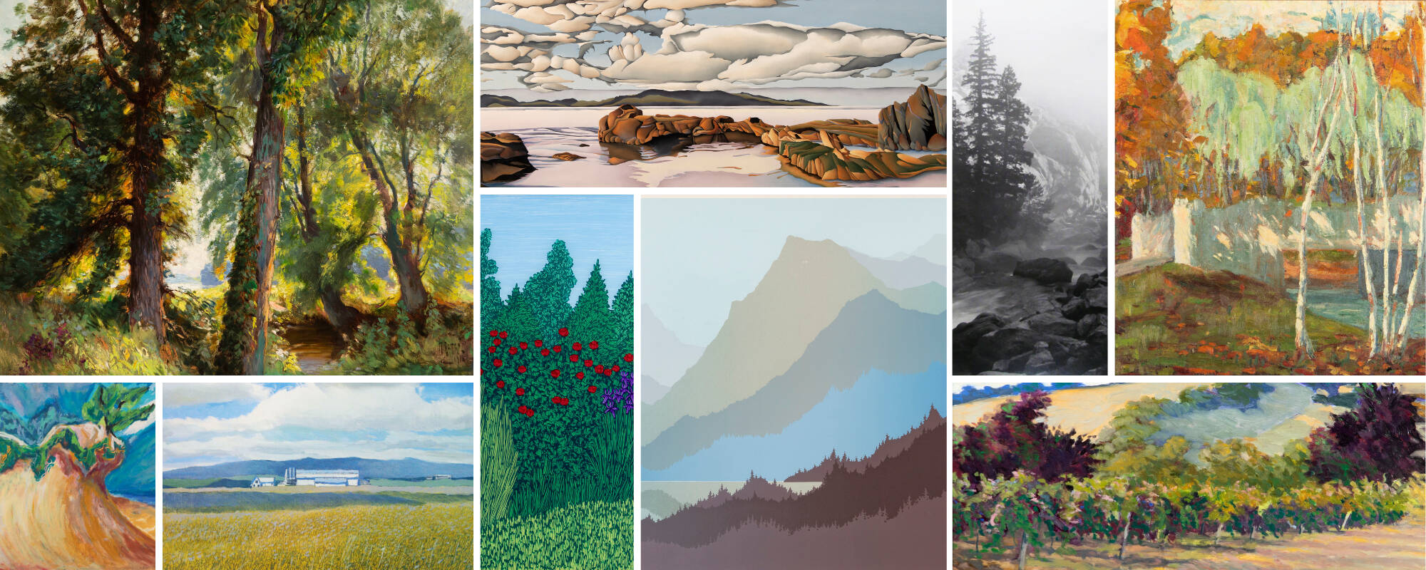 Collage of nine images from the GVSU Art Museum Collection relating to the theme of landscapes.
